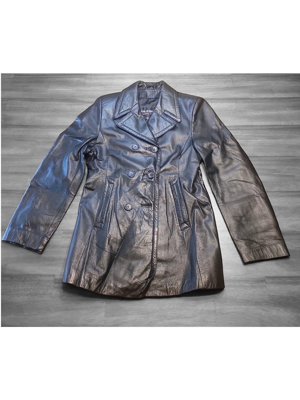 VTG Wilsons Leather Double Breasted Coat S 90s Black Genuine Leather EUC
